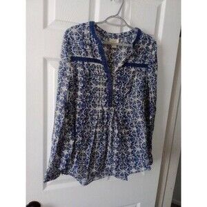 Maeve Anthropologie boho floral blouse top shirt pleated blue ivory cream 12